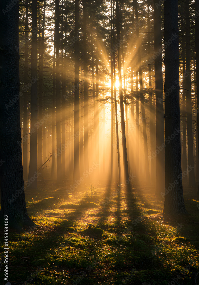 Obraz premium Sunbeams illuminating misty coniferous forest at sunrise, creating magical atmosphere.