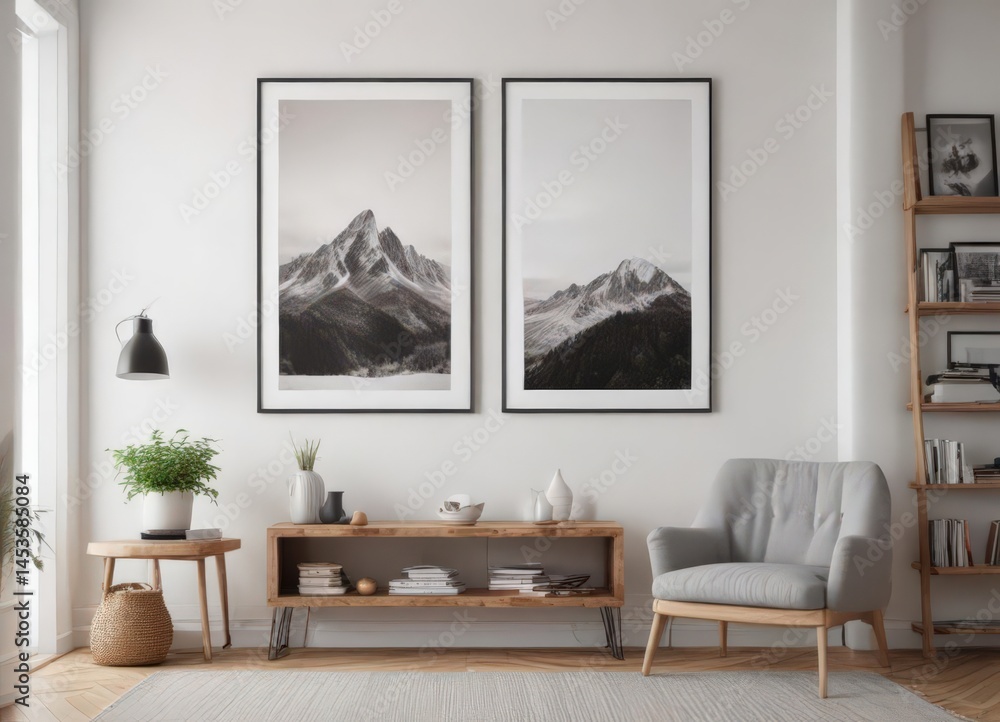 Fototapeta premium Cozy home interior, poster mockup on clips, white wall, product, marketing, campaign