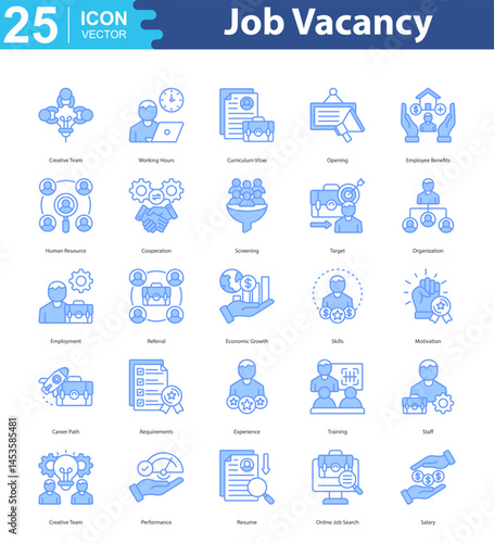 Job Vacancy icon sheet illustration vector creative team, working hours, curriculum vitae, opening, employee benefits, human resource, cooperation, screening, target, organization, employment