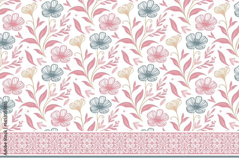 Fototapeta premium floral line texture. seamless botanical border. modern outline pattern. embroidery sketch petals. textile repeat artwork. hand drawn one line style