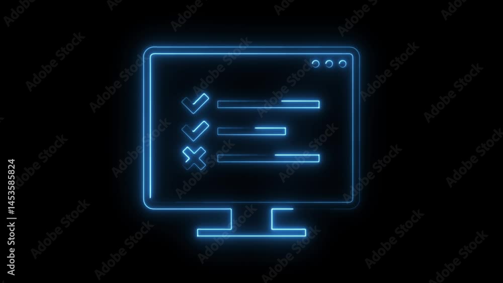 Glowing neon computer screen displaying online form with tick and cross marks Glowing neon computer screen displaying online form with tick and cross marks