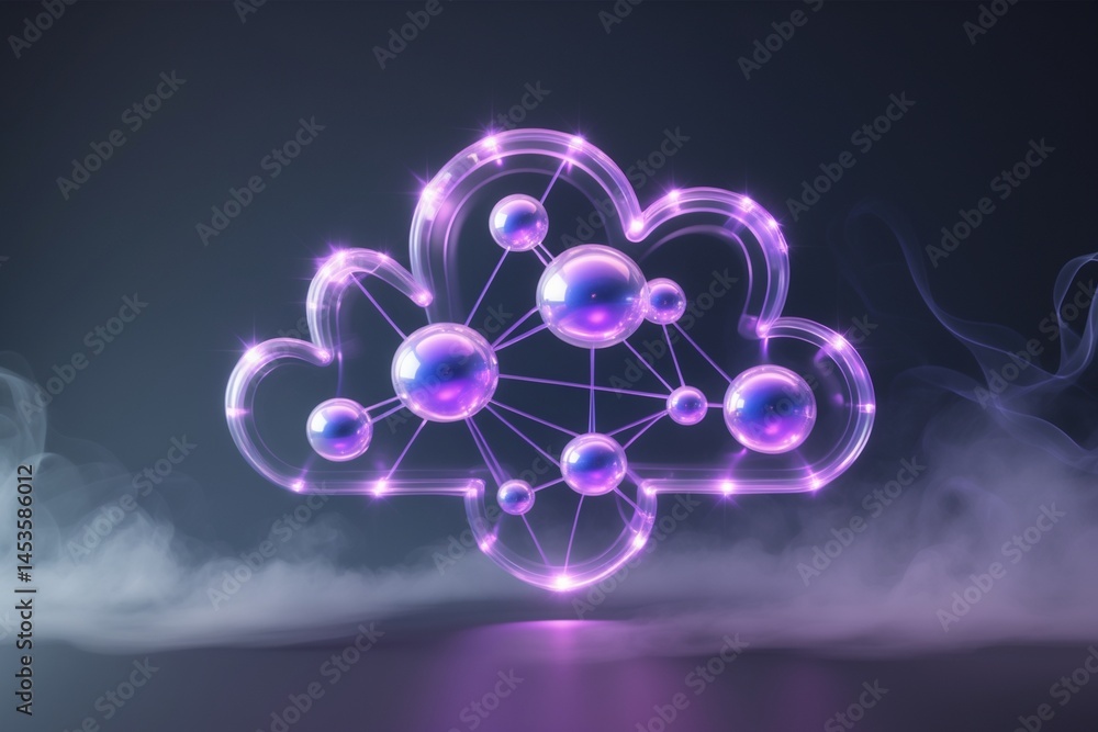 Glowing cloud with purple spheres and lines, perfect for futuristic and abstract design projects. Ideal for technology or dreamy concepts. Glowing cloud with purple spheres and lines, perfect for futuristic and abstract design projects. Ideal for technology or dreamy concepts.