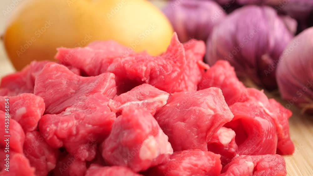 Raw beef cubes with vegetables Raw beef cubes with vegetables