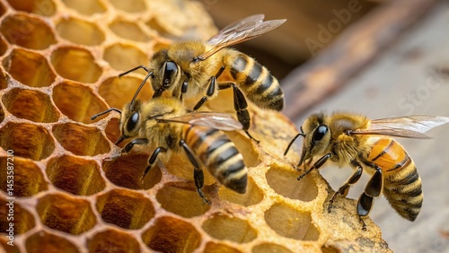 Wallpaper Mural "Three Bees on a Honeycomb - Natural Pollination and Honey Production" Torontodigital.ca