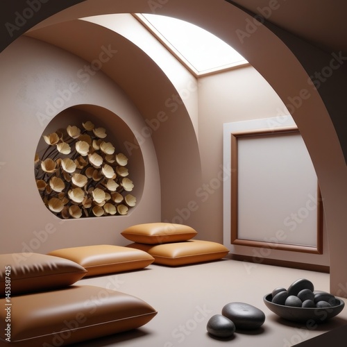 Mockup poster frame in modern zen inspired arched room with neutral tones, skylight, floor cushions, minimalist decor, organic shapes, and contemporary wellness space design