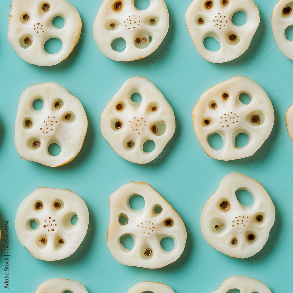 Fototapeta premium Lotus root slices arranged in pattern on turquoise background, creating visually appealing and symmetrical design