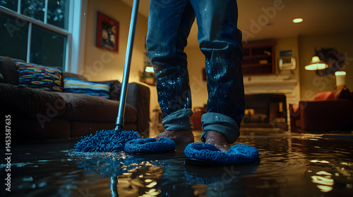 Cleaning up Flood Damage in a Home at Night