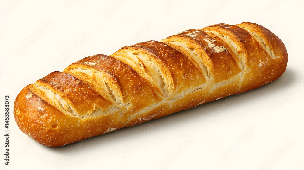 Golden brown sourdough loaf with crispy crust and diagonal slashes, isolated on light background Golden brown sourdough loaf with crispy crust and diagonal slashes, isolated on light background