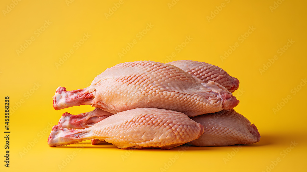 Fototapeta premium Freshly butchered goose meat stacked on yellow surface