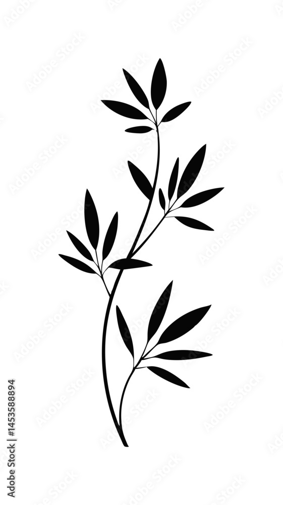 Minimal botanical leaf silhouette illustration of elegant branch with foliage Minimal botanical leaf silhouette illustration of elegant branch with foliage