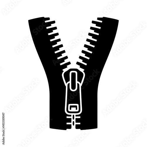 Vector illustration of open zipper icon clothing accessory in flat black style


