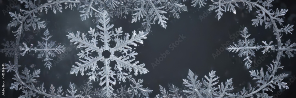 Intricate snowflake frame, varying sizes on soft snowy backdrop Refined Christmas motif , close-up, photo Intricate snowflake frame, varying sizes on soft snowy backdrop Refined Christmas motif , close-up, photo