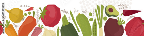Set of vector illustrations with bright fruit and vegetable frame including lemons, pomegranates, strawberries, plums, apples, bananas and grapes, tomato, carrot, eggplant, onion. Perfect for food the