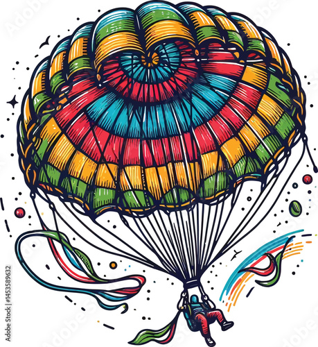 Parachute Landing in Nature Aerial Adventure Scene with Mountains and Clouds