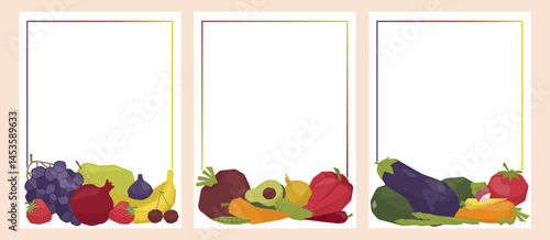 Set of vector illustrations with bright fruit and vegetable frame including lemons, pomegranates, strawberries, plums, apples, bananas and grapes, tomato, carrot, eggplant, onion. Perfect for food the
