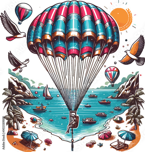 Parachute Landing in Nature Aerial Adventure Scene with Mountains and Clouds