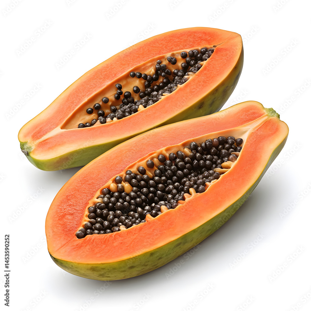 A realistic papaya cut lengthwise in half, exposing its vibrant orange flesh and black seeds. A realistic papaya cut lengthwise in half, exposing its vibrant orange flesh and black seeds.