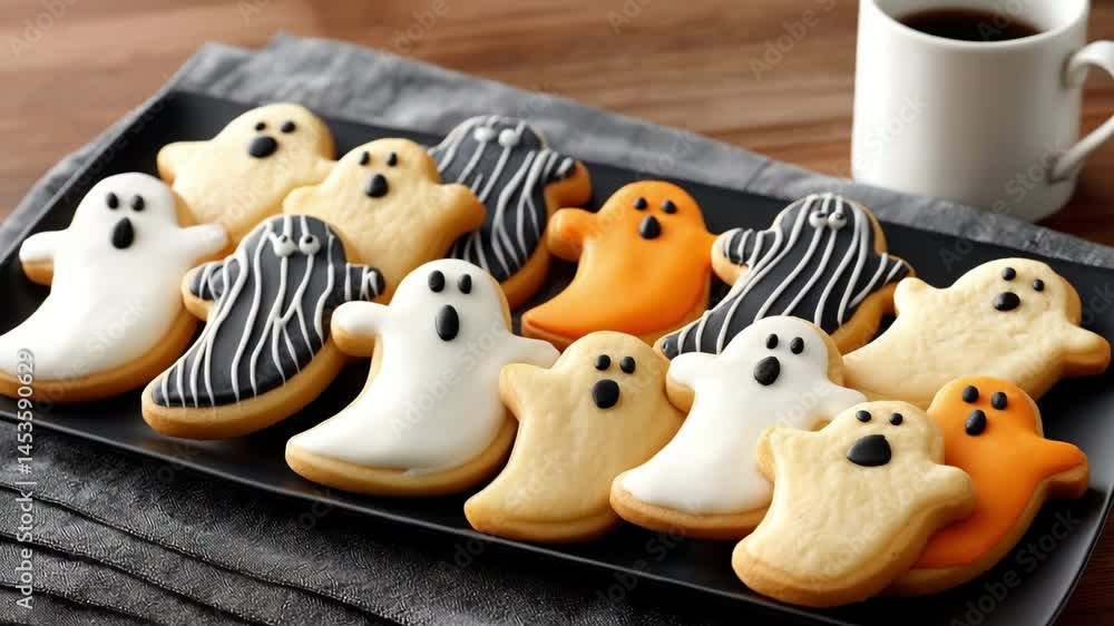 A tray of Halloween cookies decorated with white ghost icing. A tray of Halloween cookies decorated with white ghost icing.