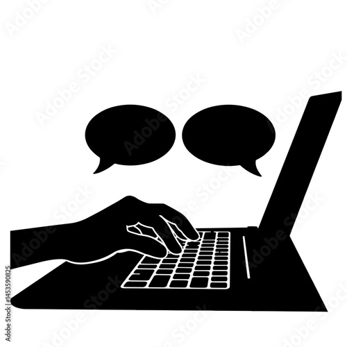 Typing hands with translation popups on keyboard, digital communication
