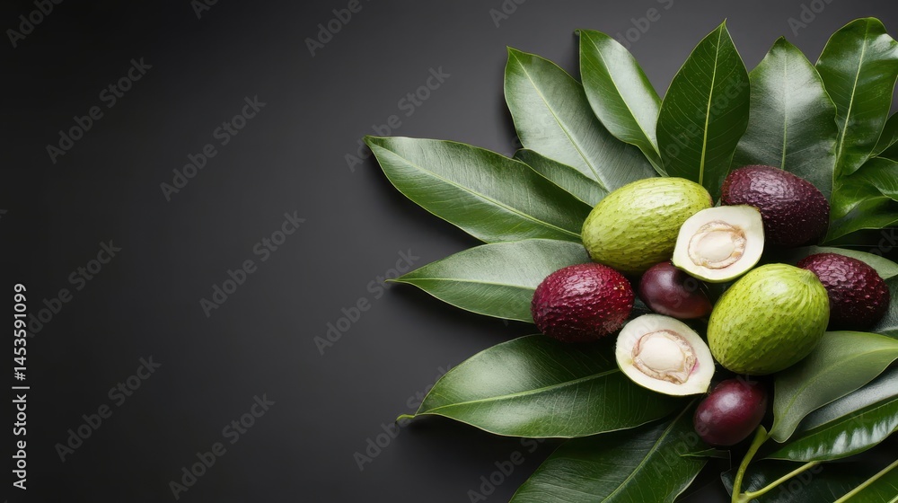 Obraz premium Vibrant Assortment of Fresh Fruits Nuts and Green Leaves on Wooden Table