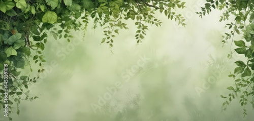 Elegant watercolor wash background with lush green leaves and vines ,  invitation card,  garland, wedding