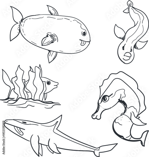 Set of cartoon fish or underwater creatures
