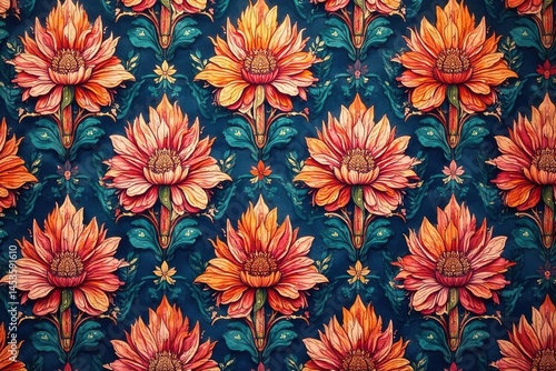 Large-scale damask, bold repeating motif of blossoms , fabric, arabesque, large scale