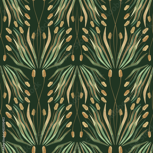 Textile seamless floral pattern with wild grasses and cereals. Design for kitchen home textiles, tablecloths, curtains, bed linen, dress fabrics, wrapping paper.