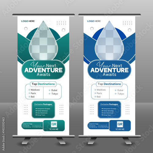 Modern travel vacation roll up banner design template for business or travel agency. Travel business agency roll up template.