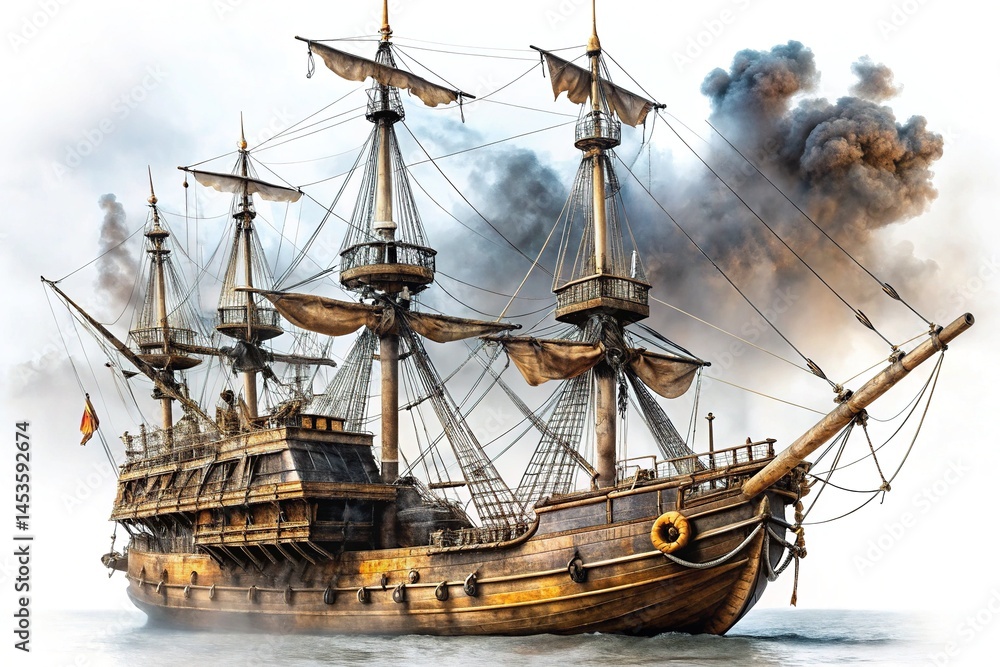 Naklejka premium Ancient Pirate Ship, Seafaring, Maritime, History, Artwork