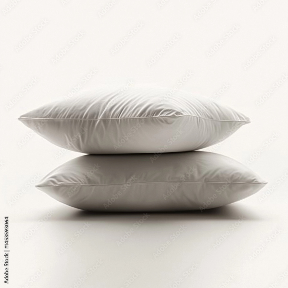 White pillow on a white background, one pillow laying flat and the other upright, product photography, high resolution, high detail, high contrast, professional photo, sharp focus, shallow depth of fi White pillow on a white background, one pillow laying flat and the other upright, product photography, high resolution, high detail, high contrast, professional photo, sharp focus, shallow depth of fi