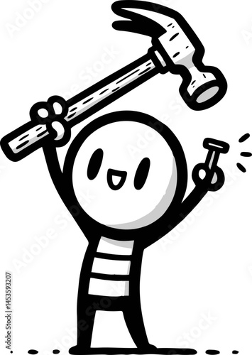 Happy Stick Figure Carpenter with Hammer and Nail