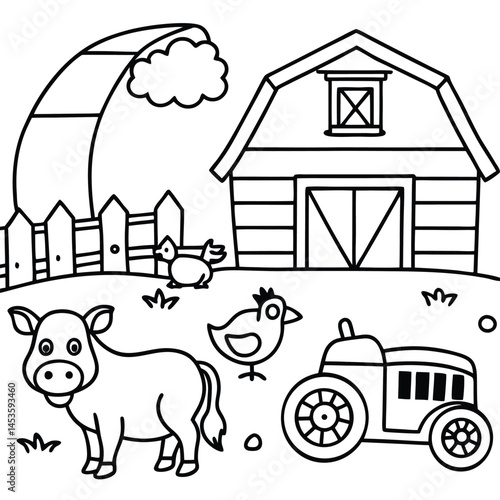 a farmyard scene with a barn tractor chickens and a cow