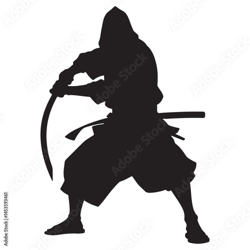 Ninja in battle pose, warrior sword silhouette, samurai battle victor with sword. illustration EPS 10