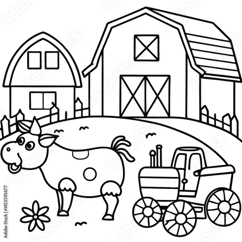 a farmyard scene with a barn tractor chickens and a cow