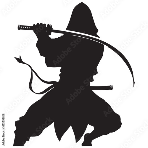 Ninja in battle pose, warrior sword silhouette, samurai battle victor with sword. illustration EPS 10