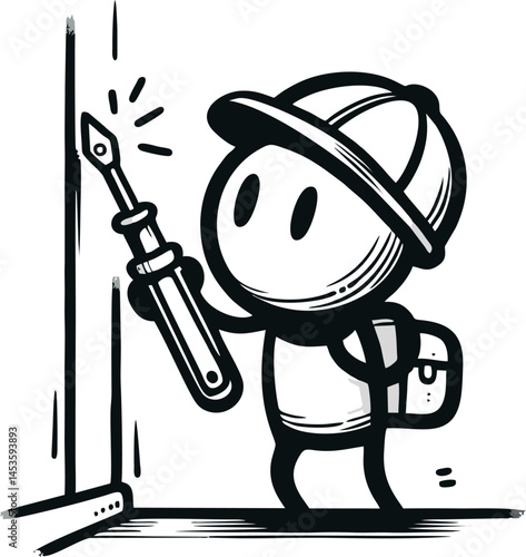 Handyman Cartoon Character Using Screwdriver for Repair