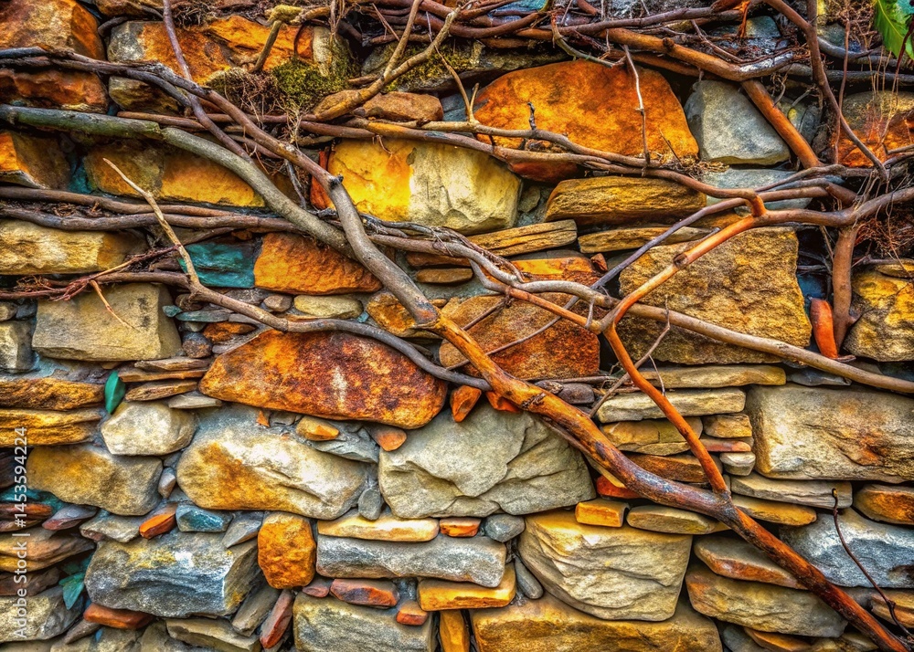 Grunge Stone Wall with Fallen Twigs - AI Photo Grunge Stone Wall with Fallen Twigs - AI Photo