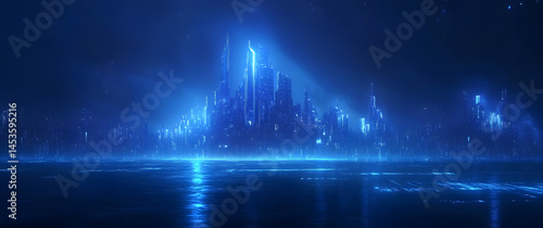 Blue water fountain shines with city light in the dark night sky