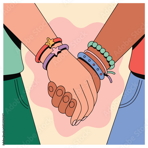Solid color vector illustrations celebrating International Friendship Day with diverse friends, friendship bands, handshakes, group moments, and joyful connections in vibrant designs.