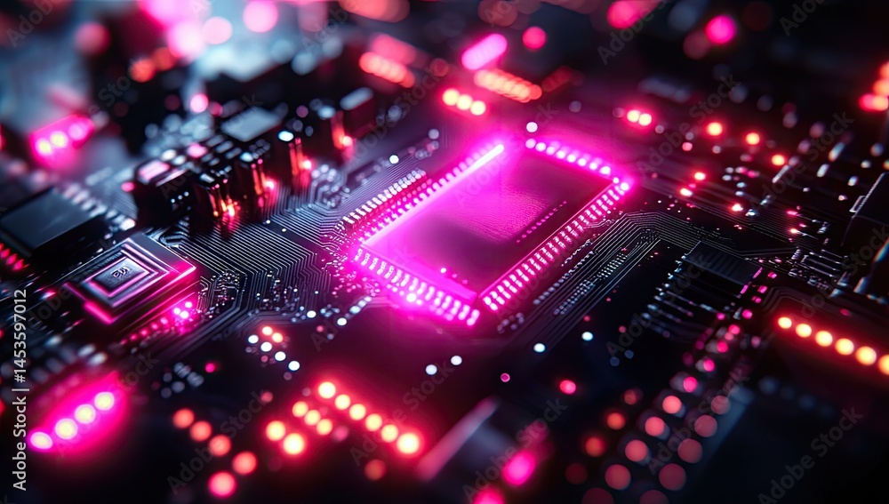 Fototapeta premium Close-up view of a glowing circuit board with a highlighted processor.