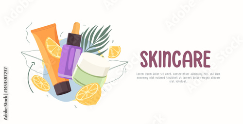 Colorful vector illustration of skincare products including serum, cream, and facial cleanser with citrus fruits and leaves. Flat design ideal for beauty ads, organic cosmetics, and skincare branding