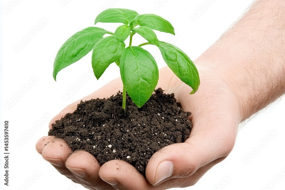 A person holding a young green plant in soil, illustrating growth and environmental care A person holding a young green plant in soil, illustrating growth and environmental care