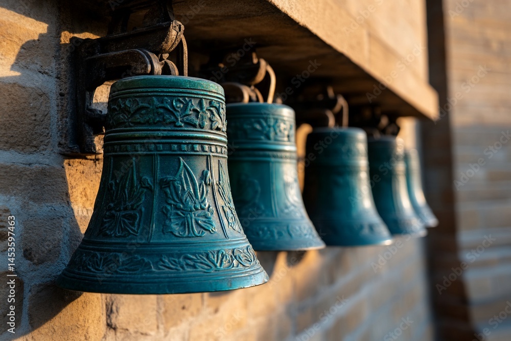 Obraz premium Solemn bronze bells hanging in a row, announcing traditional ceremonies