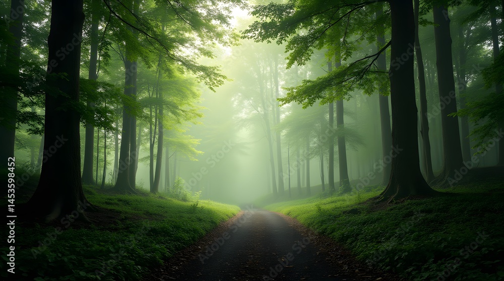 Obraz premium Enchanted Forest Path A misty morning path winds through a serene, lush green forest, sunlight filtering through the dense canopy, creating a magical atmosphere.