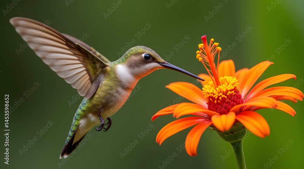 Fototapeta premium Hummingbird in Flight, Gracefully Hovering Near Vibrant Orange Flower, Natures Exquisite Ballet of Beauty and Delicate Nectar Sipping