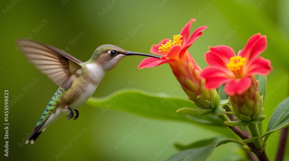 Fototapeta premium Hummingbird delicately feeding from vibrant red flowers, wings outstretched in mid-flight against a soft green backdrop. A captivating moment of natures beauty.