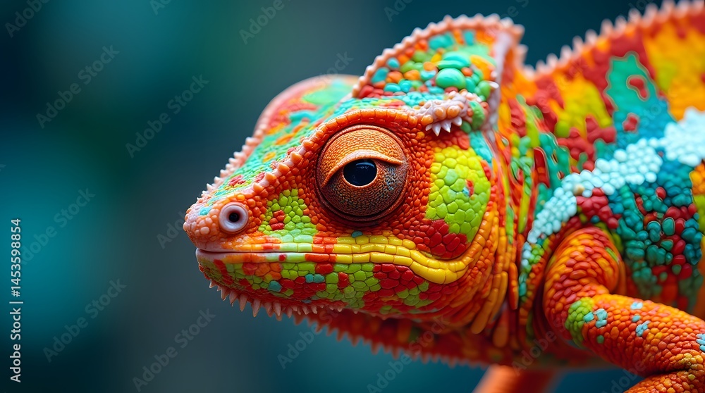 Obraz premium Vibrant Chameleon Portrait, showcasing its iridescent scales and captivating gaze. A close-up revealing intricate details of this remarkable reptile.