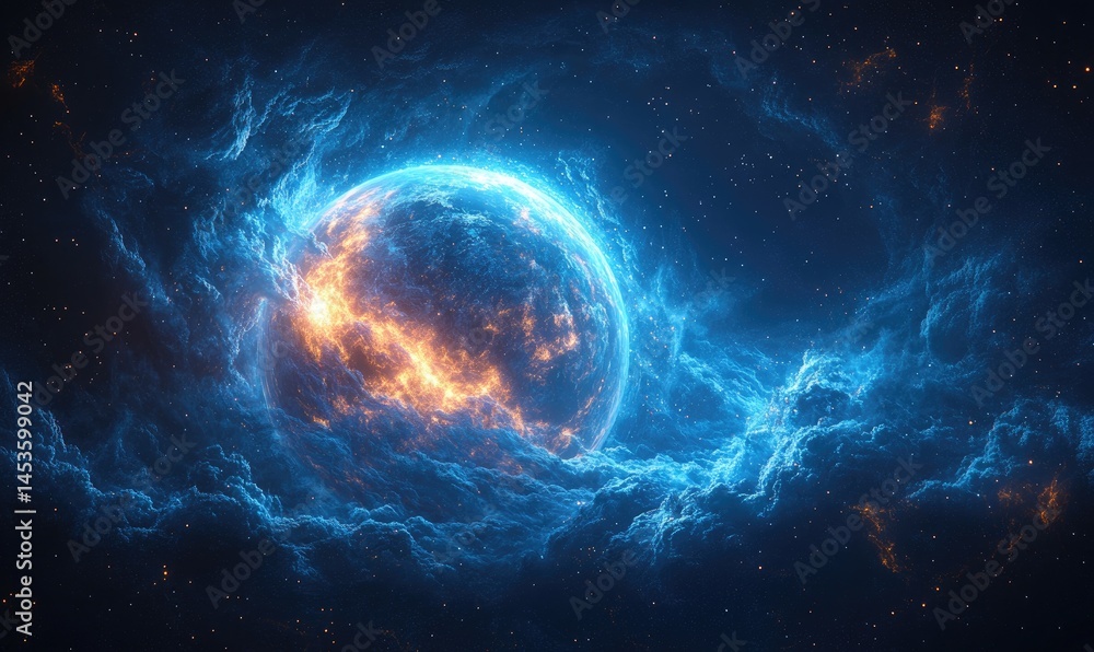 Obraz premium Dynamic celestial sphere surrounded by vibrant nebulae.