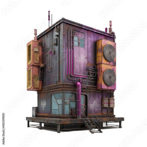 Futuristic Cyberpunk Building Rusty Metal Facade Neon Lights and Industrial Design